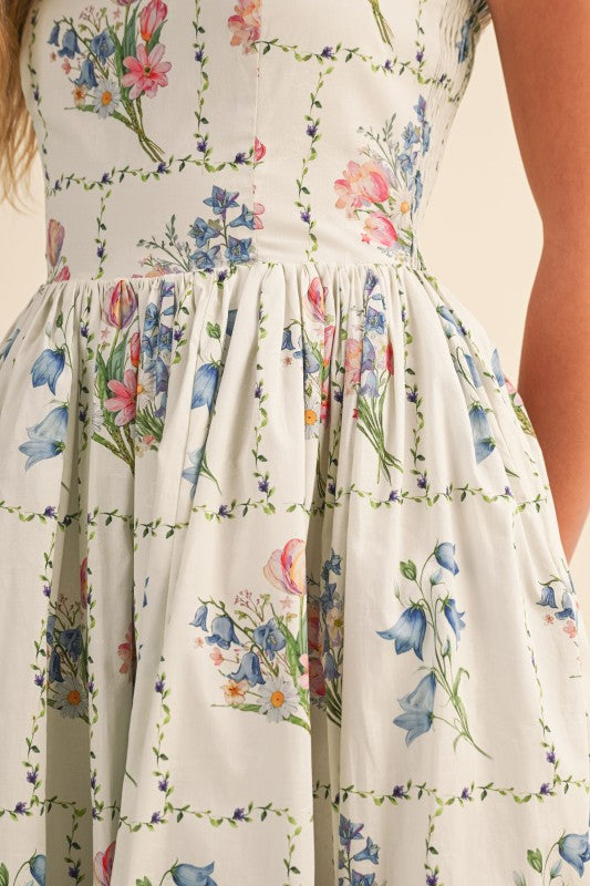 Sleeveless Floral Print Midi Dress Cream