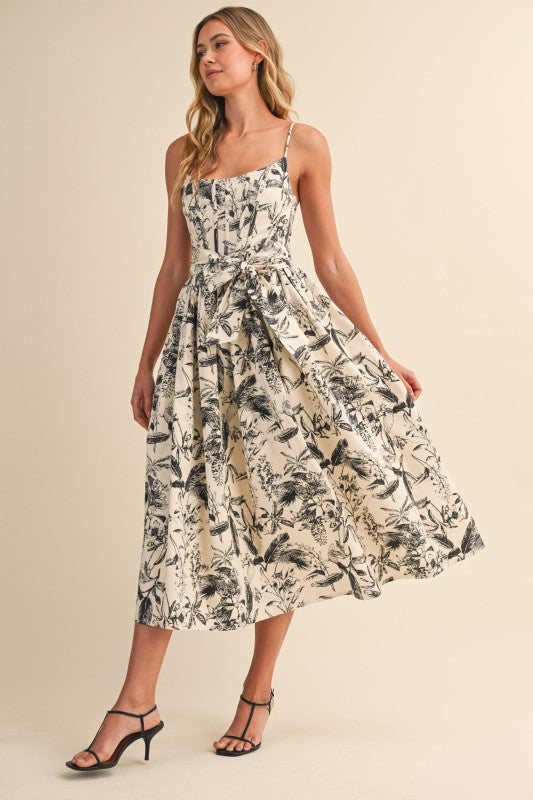 printed high waist midi dress Waitlist 7/20 • Lauren Sleeveless Waist Tie Floral Print Midi Dress Black LARGE