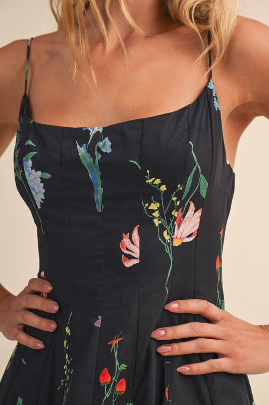 Sleeveless A-Line Floral Print Midi Dress Black