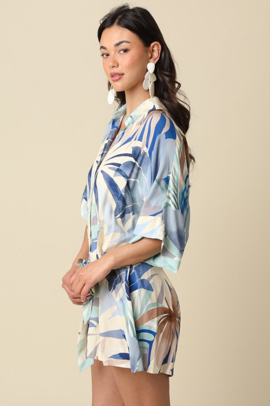 Short Sleeve Waist Tie Tropical Print Romper Blue