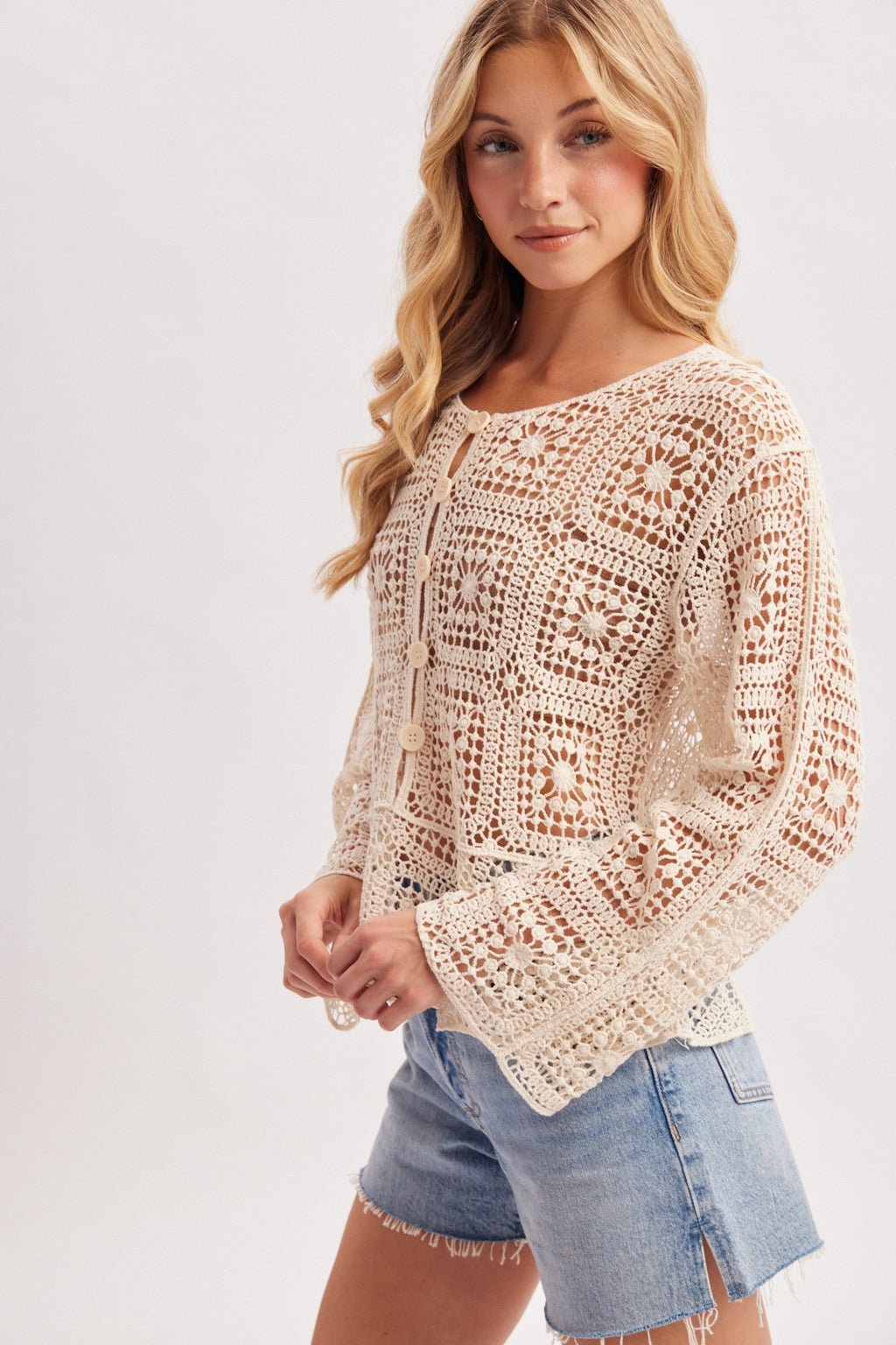 Long Sleeve Button Down Open Crochet Knit Peplum Top Natural