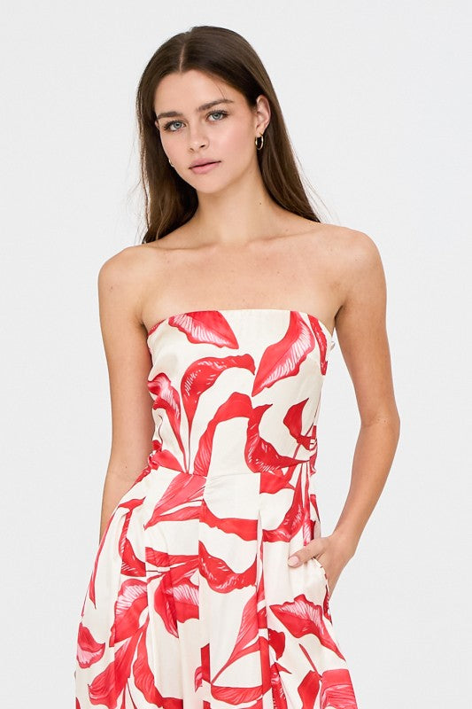 Sleeveless Back Tie Tropical Print Wide Leg Jumpsuit Red