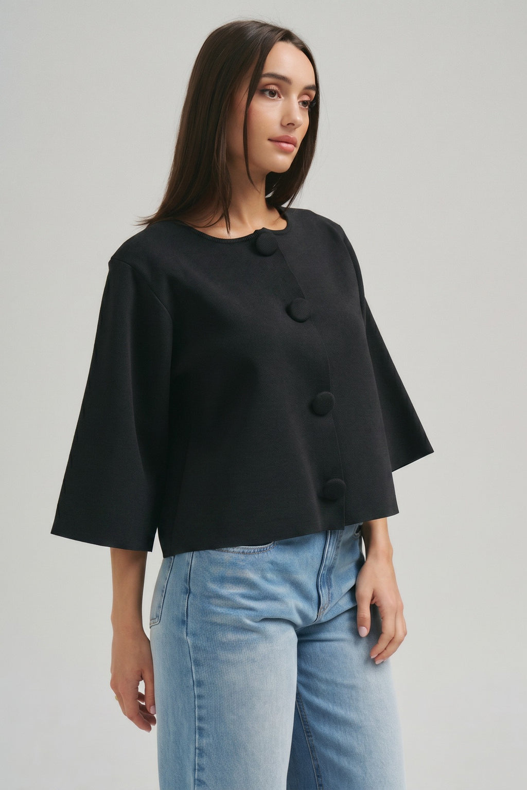 3/4 Sleeve Button Down Stylish Contemporary Knit Cardigan Black