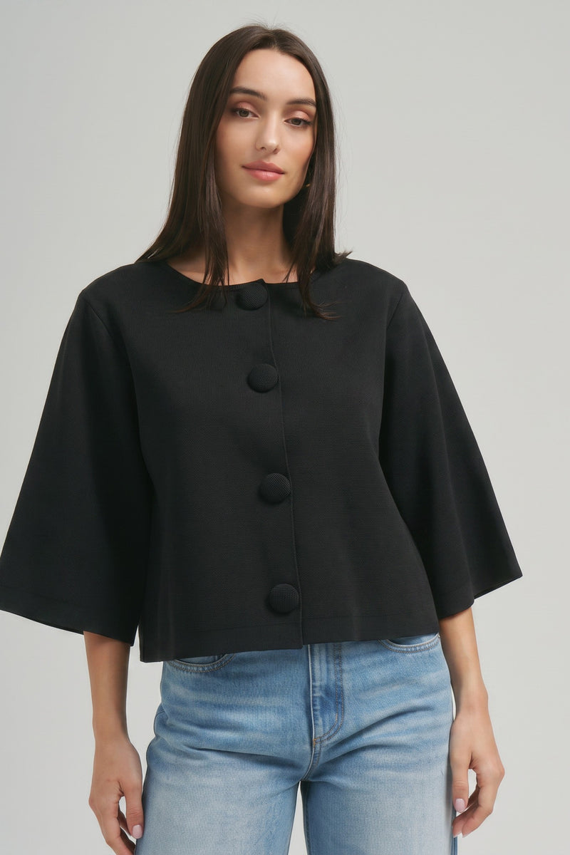 3/4 Sleeve Button Down Stylish Contemporary Knit Cardigan Black