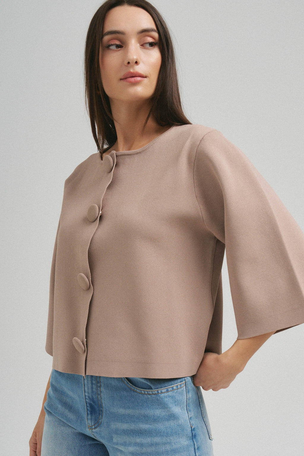 3/4 Sleeve Button Down Stylish Contemporary Knit Cardigan Mocha