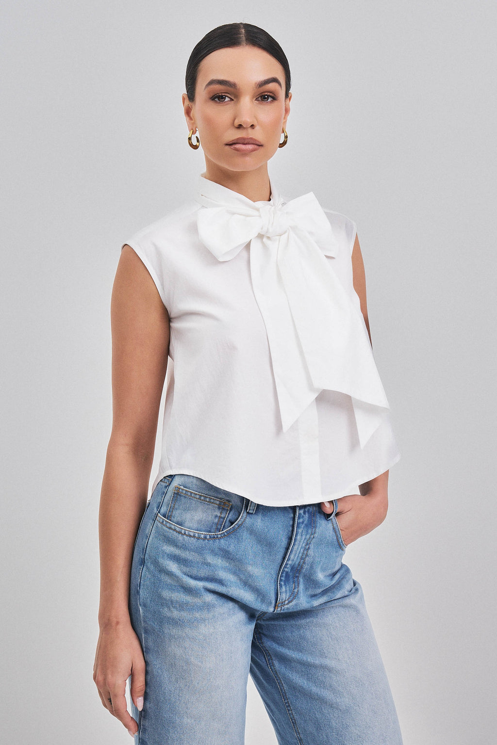 Sleeveless Button Down Bow Tie Top Ivory