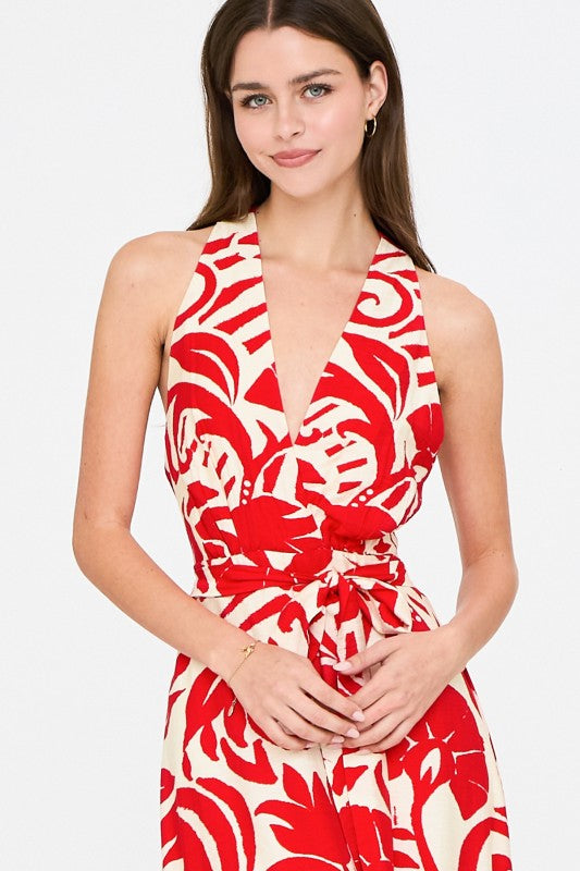 Sleeveless Halter Open Cross Back Tropical Print Maxi Dress Red