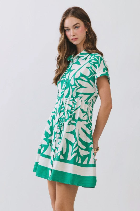 Short Sleeve Button Down Tropical Print Mini Dress Green