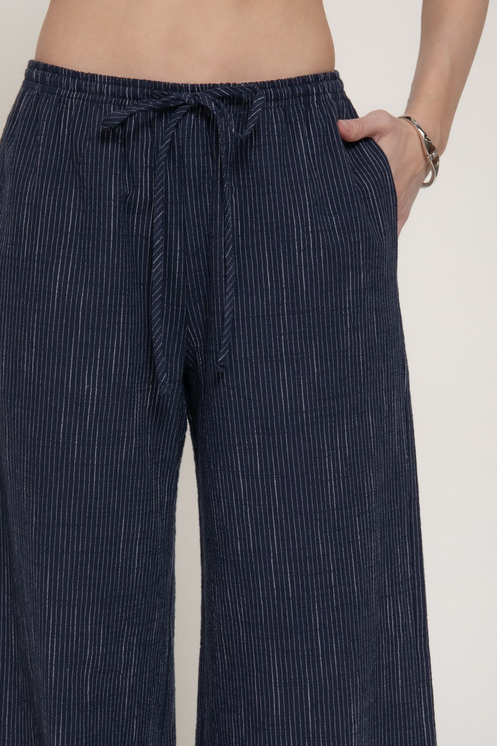 High Waist Stripe Print Wide Leg Woven Pants Navy