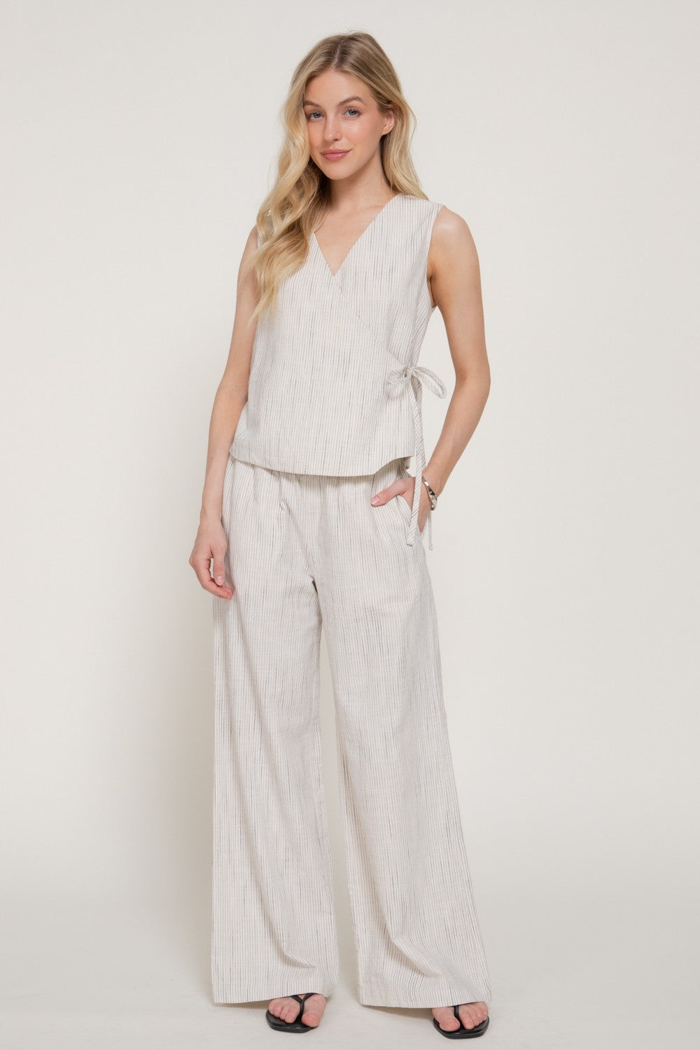 High Waist Stripe Print Wide Leg Woven Pants Natural