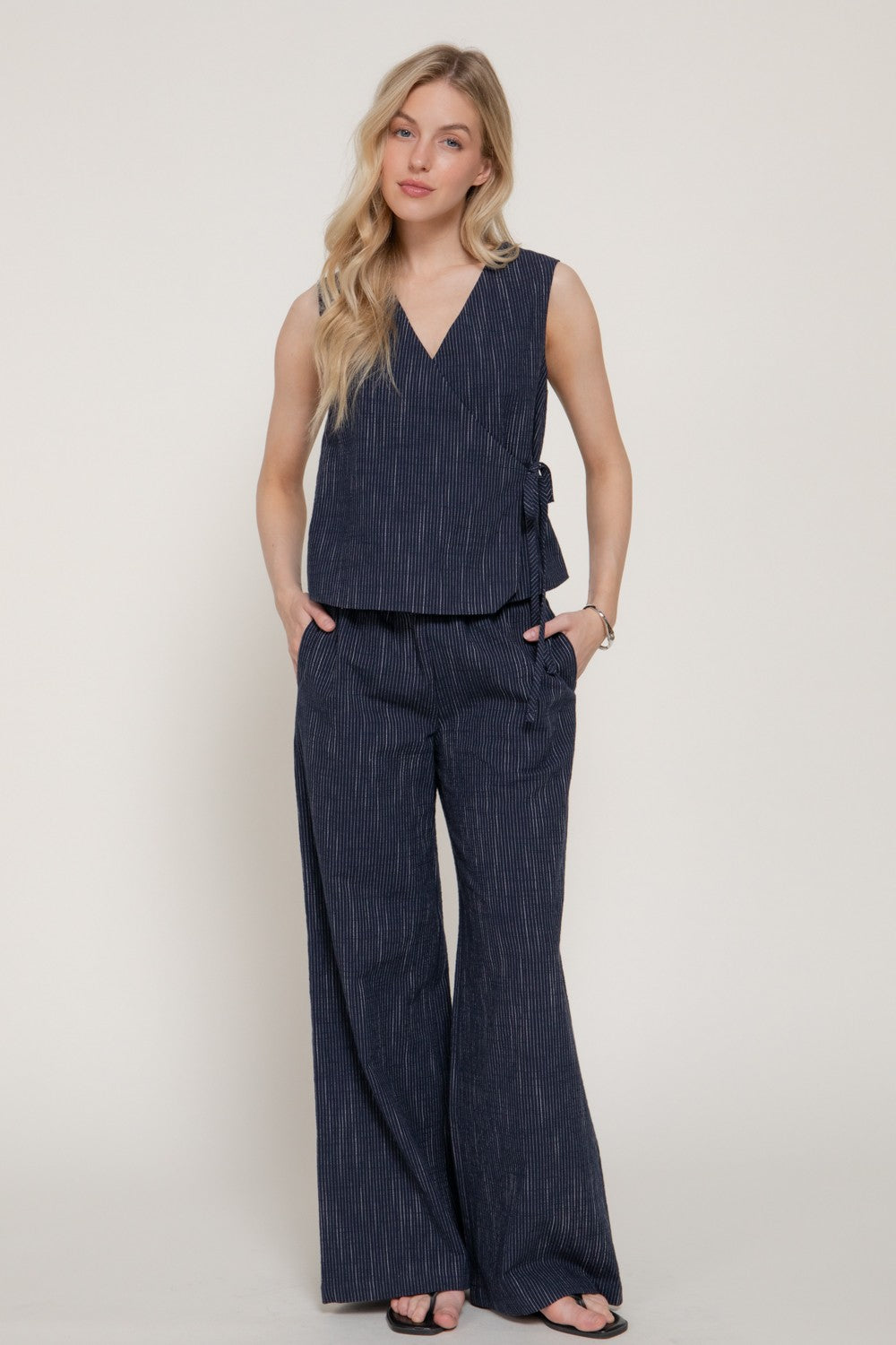 Sleeveless Stripe Print Woven Top Navy