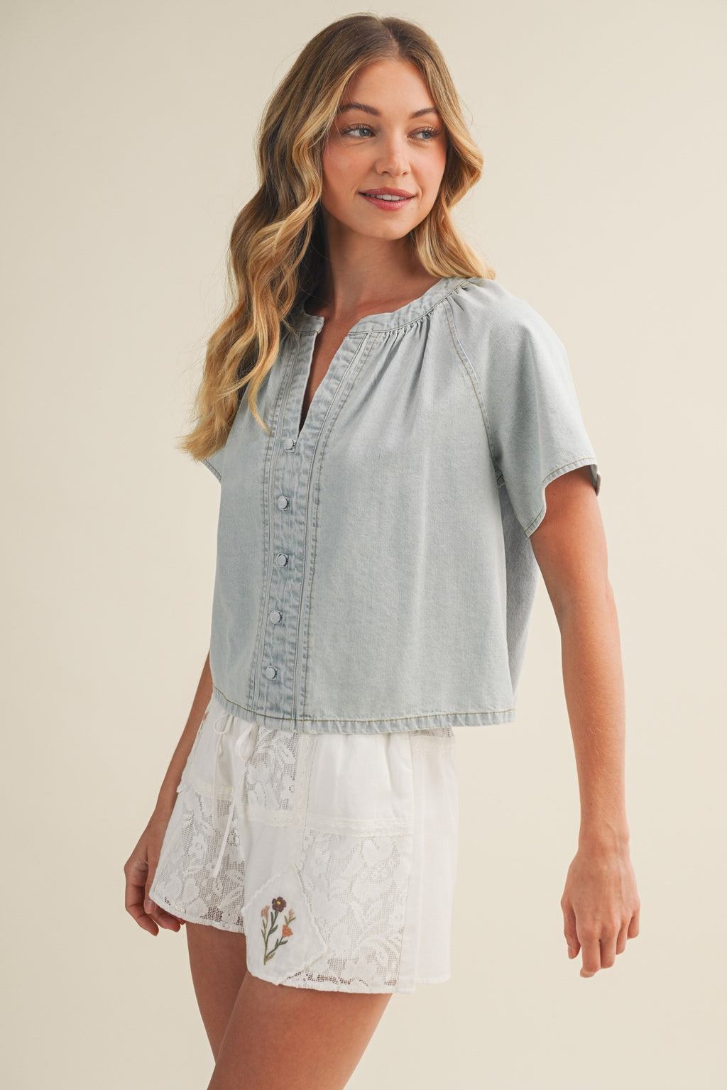 Short Sleeve Button Down Denim Top Light Wash