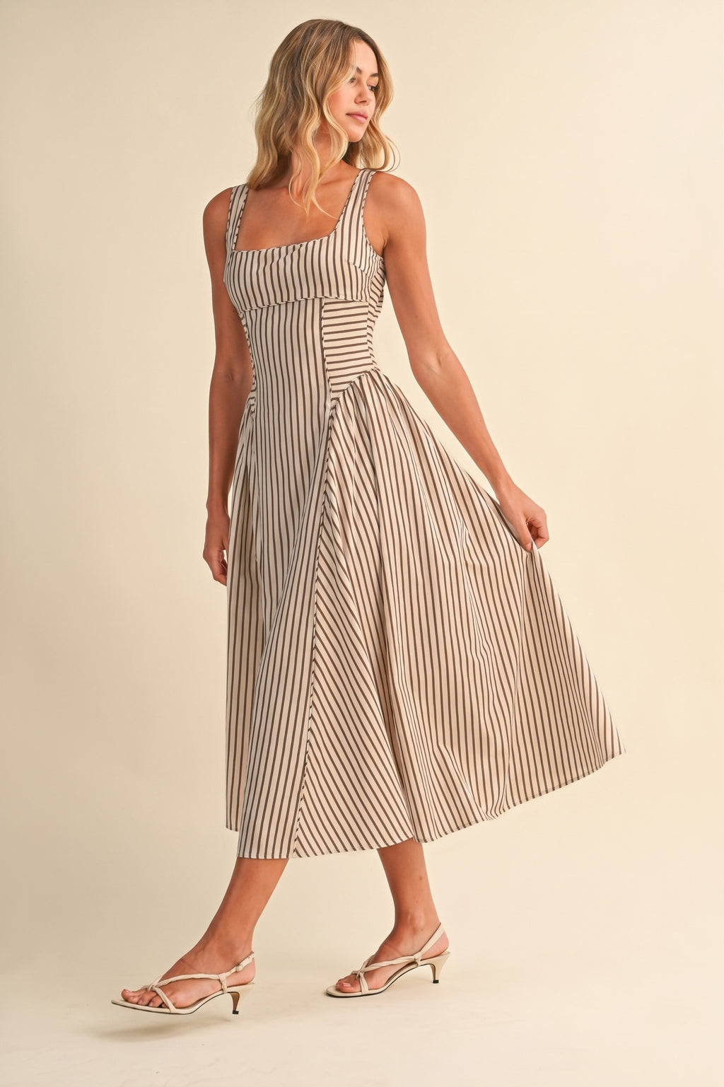 Sleeveless Large Back Buckle Stripe Print Midi Dress Cream