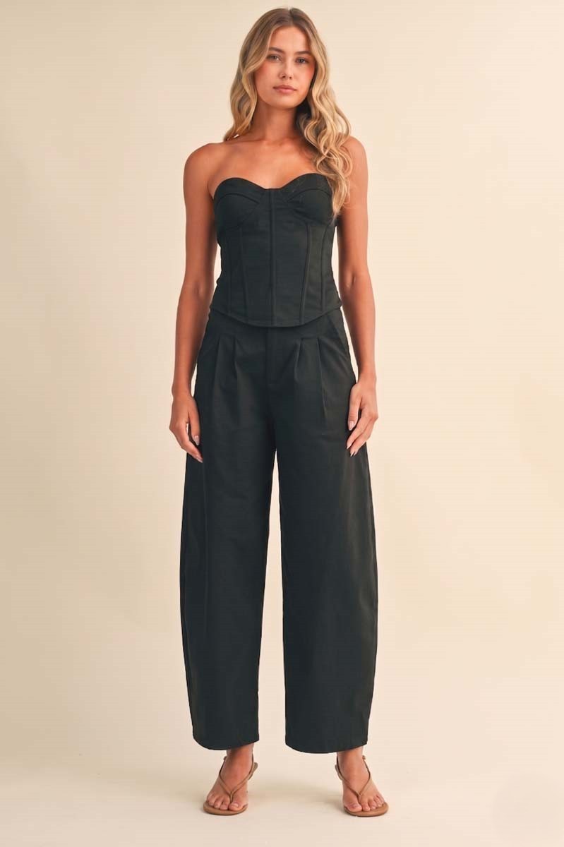 Sleeveless Corset Top And Wide Leg Barrel Pants Set Black