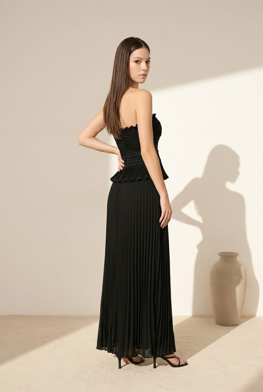 Sleeveless Pleated Satin Top And High Waist Maxi Skirt Set Black