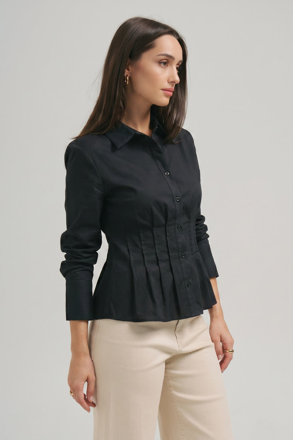 Long Sleeve Button Down Pintuck Top Black