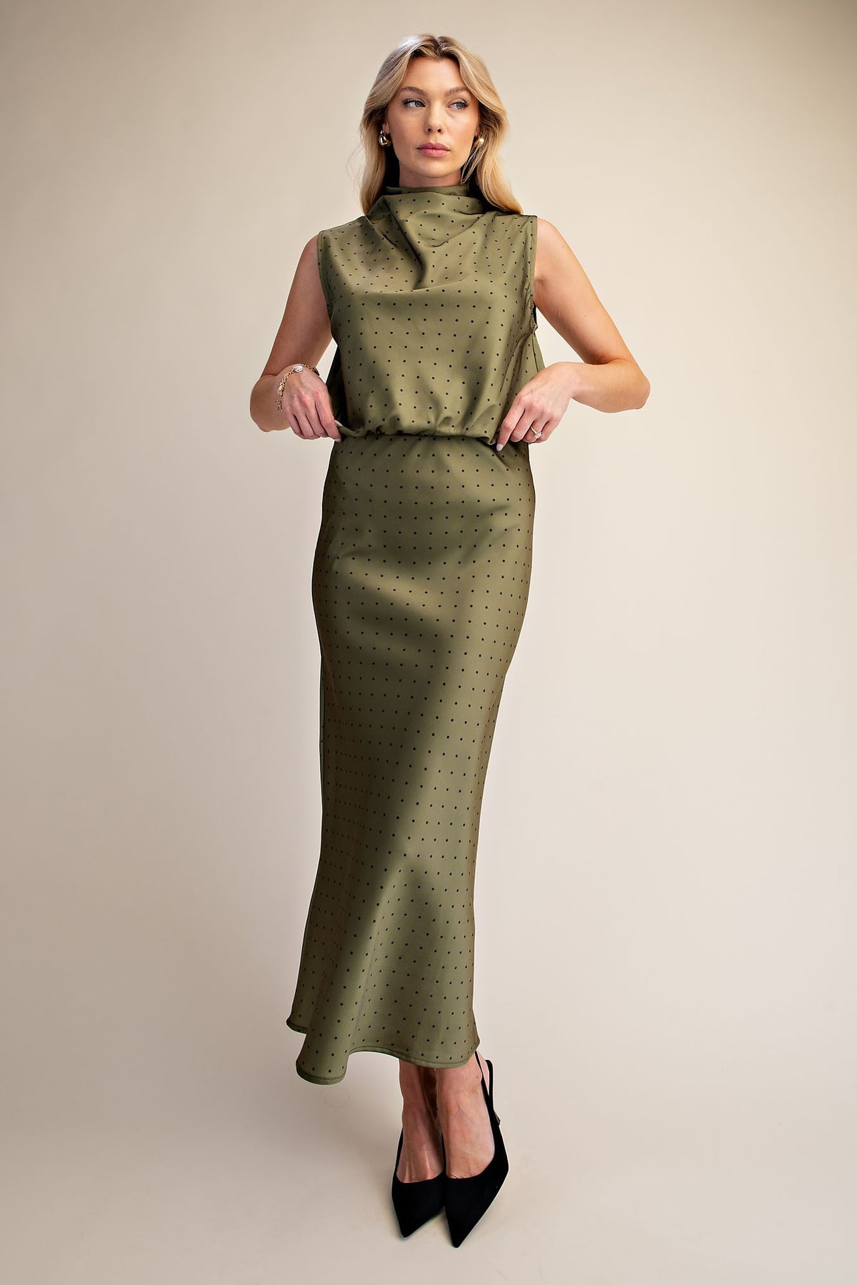 High Waist Polka Dot Print Satin Midi Skirt Olive