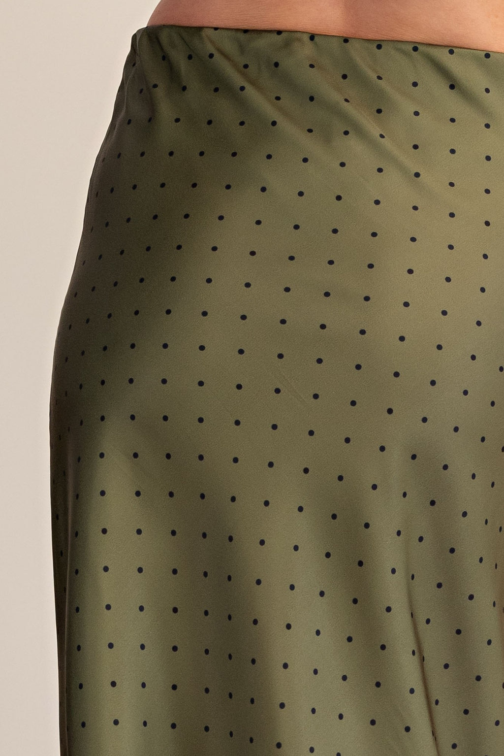 High Waist Polka Dot Print Satin Midi Skirt Olive
