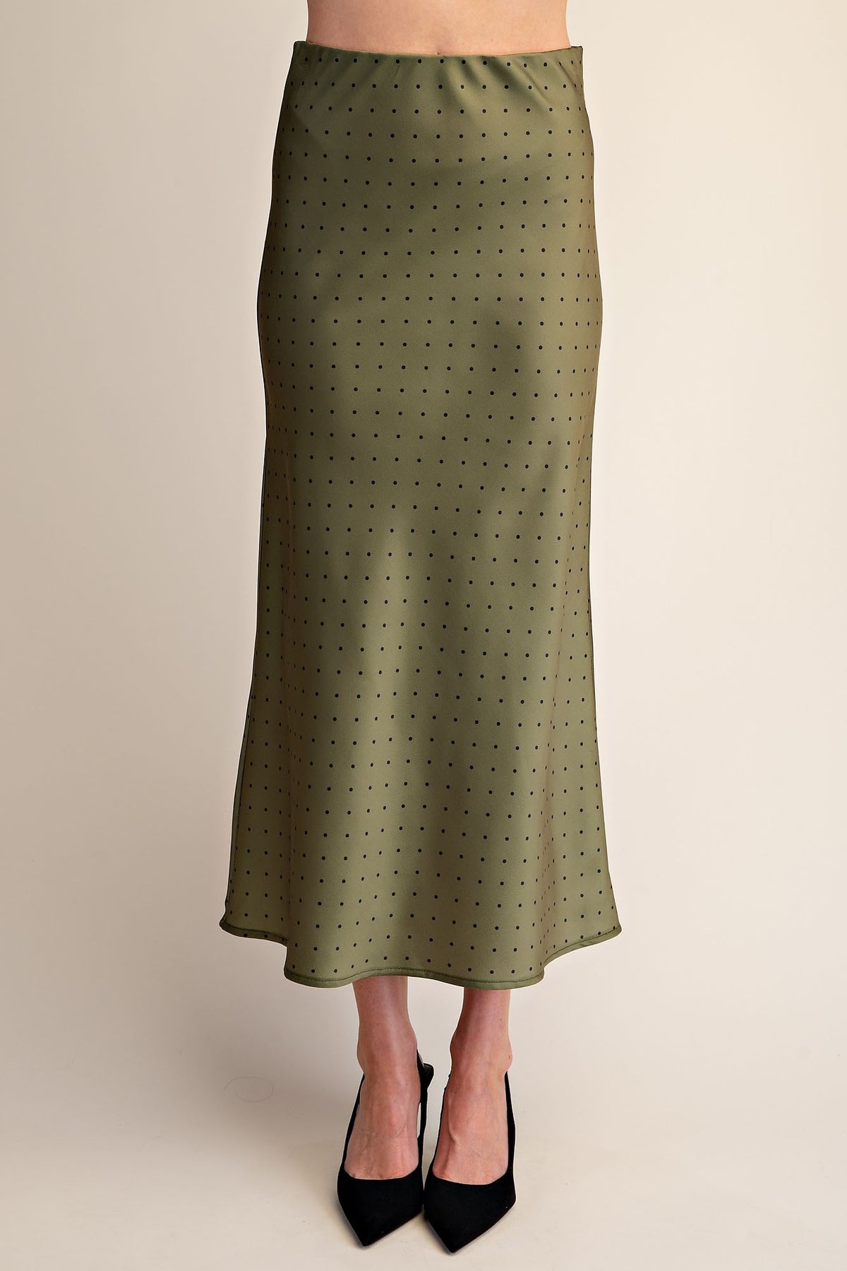 High Waist Polka Dot Print Satin Midi Skirt Olive
