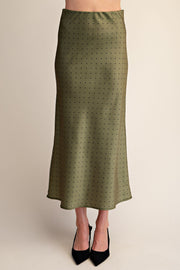 High Waist Polka Dot Print Satin Midi Skirt Olive
