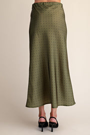 High Waist Polka Dot Print Satin Midi Skirt Olive