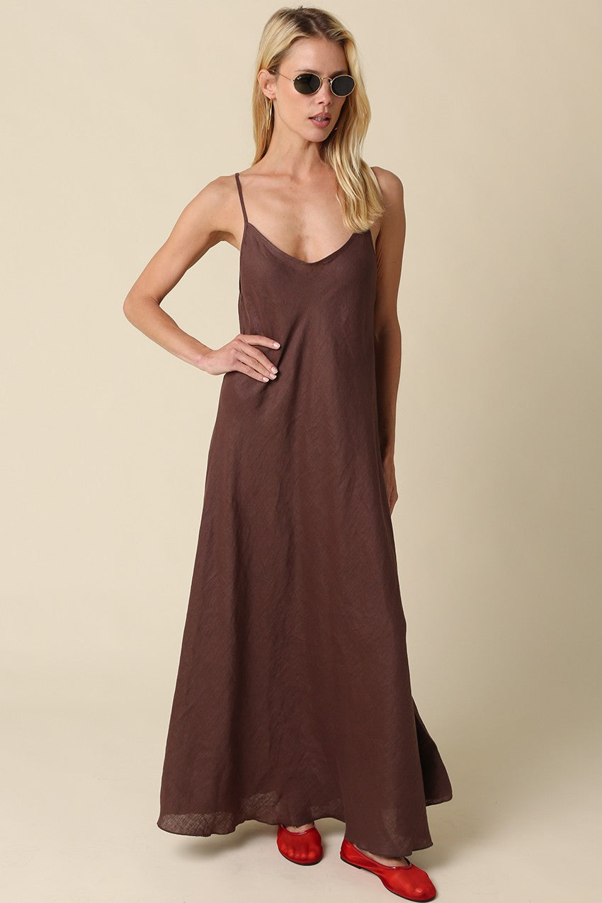 Sleeveless Linen Slip Maxi Dress Brown
