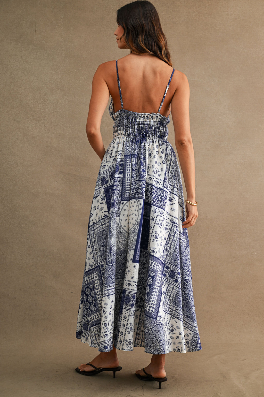 Sleeveless Patchwork Paisley Print Midi Dress Blue