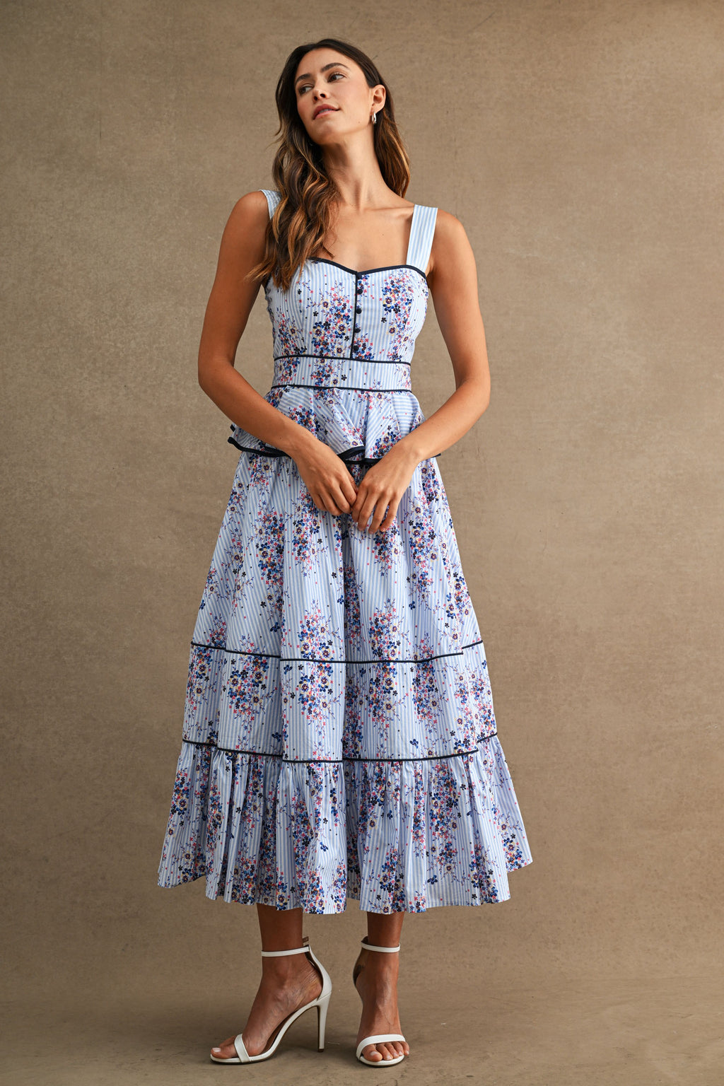 Daryella Sleeveless Peplum Waist Floral Print Midi Dress Blue – Miss Match Group Inc