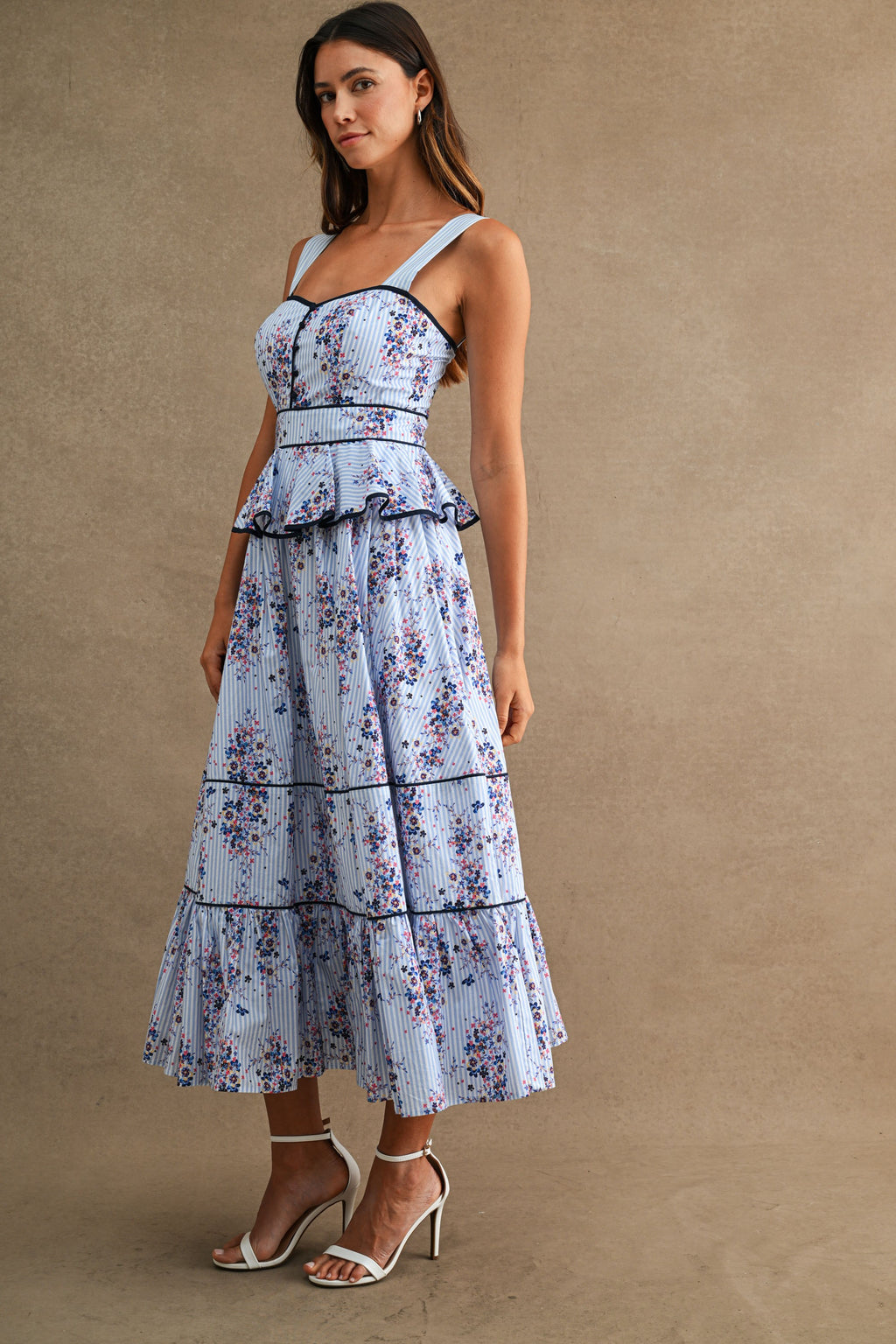 Sleeveless Peplum Waist Floral Print Midi Dress Blue