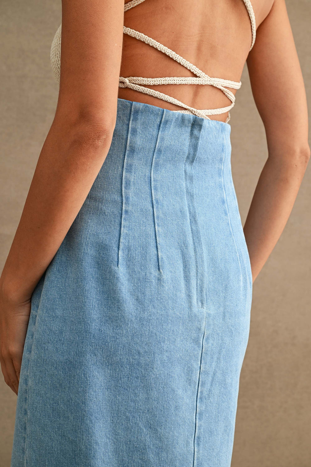 High Waist Double Breasted Denim Midi Skirt Medium Wash