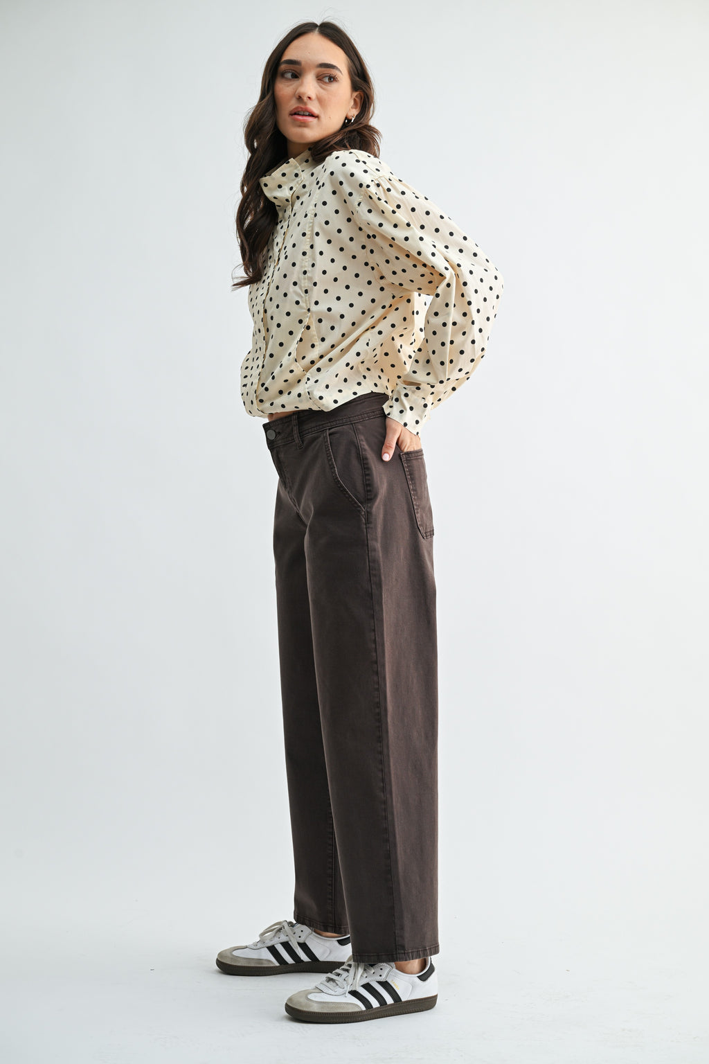 High Rise Twill Barrel Jeans Brown