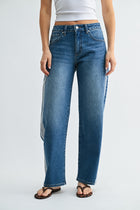 High Rise Contrast Stitch Two Tone Jeans Medium Wash