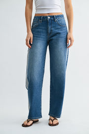 High Rise Contrast Stitch Two Tone Jeans Medium Wash