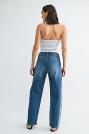 High Rise Contrast Stitch Two Tone Jeans Medium Wash