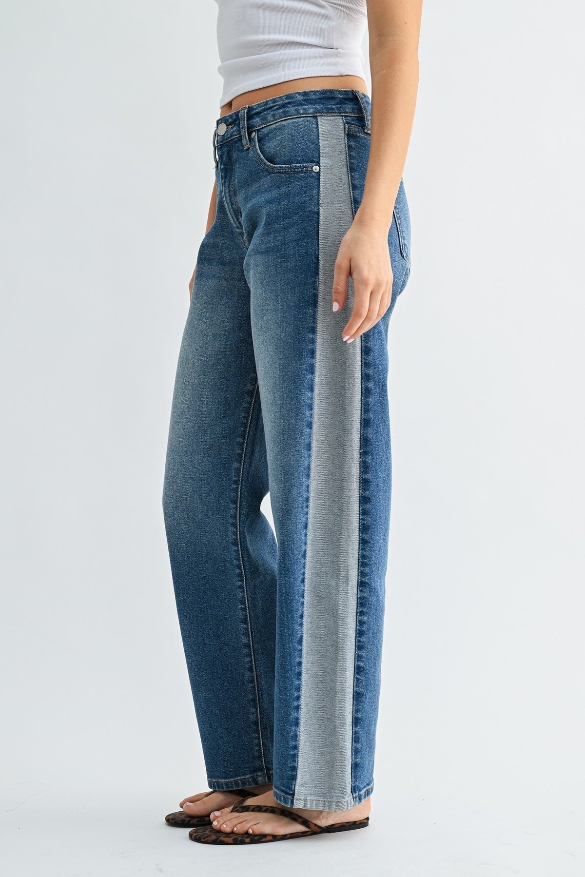 High Rise Contrast Stitch Two Tone Jeans Medium Wash