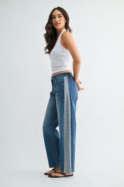 High Rise Contrast Stitch Two Tone Jeans Medium Wash