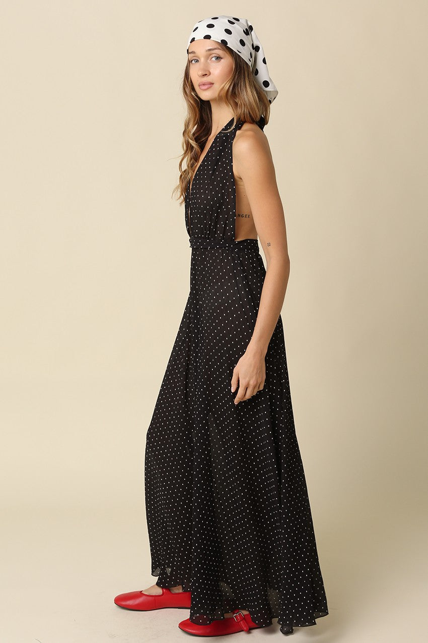 Sleeveless Halter Vintage Micro Polka Dot Print Maxi Dress Black