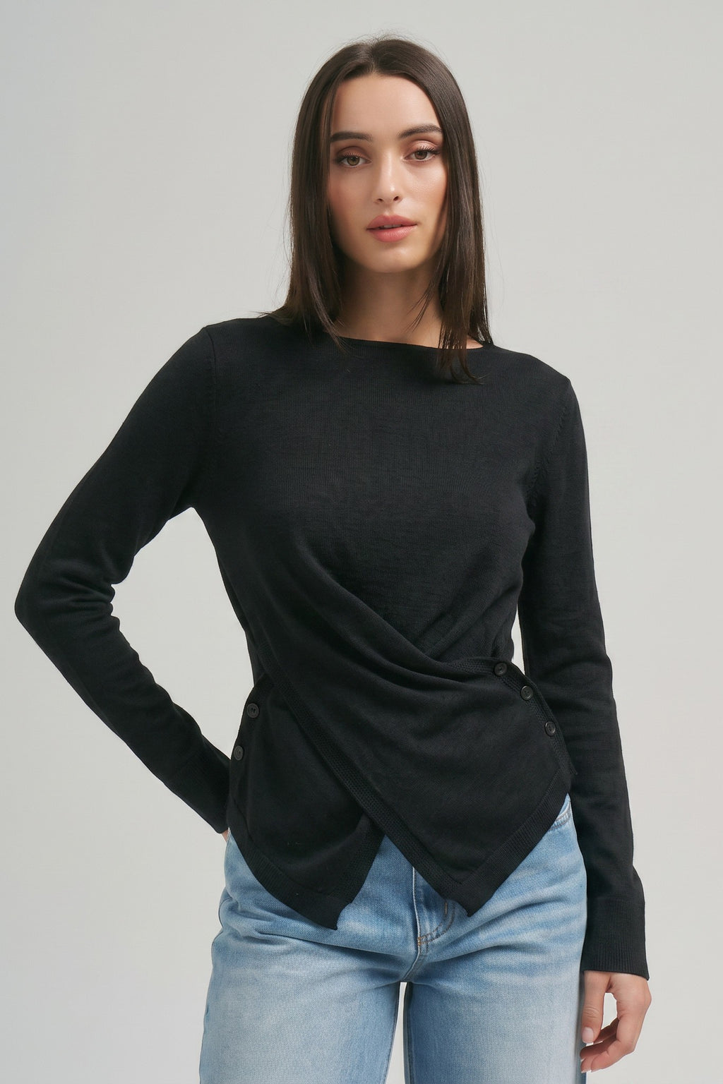 Long Sleeve Asymmetrical Wrap Knit Top Black
