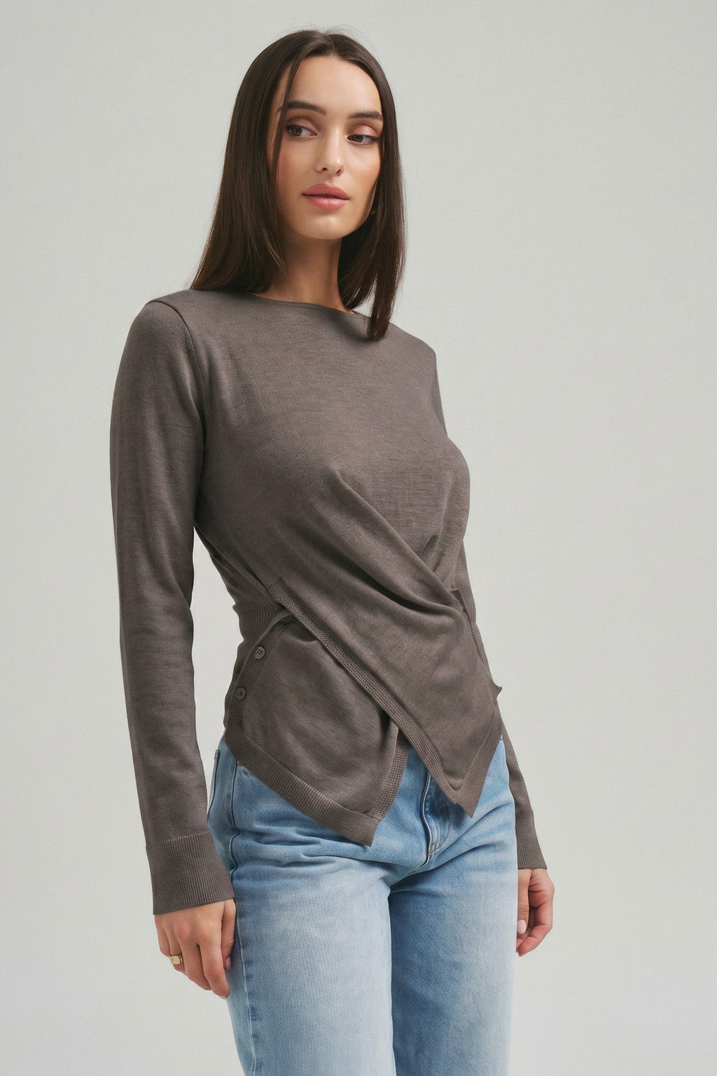 Long Sleeve Asymmetrical Wrap Knit Top Charcoal
