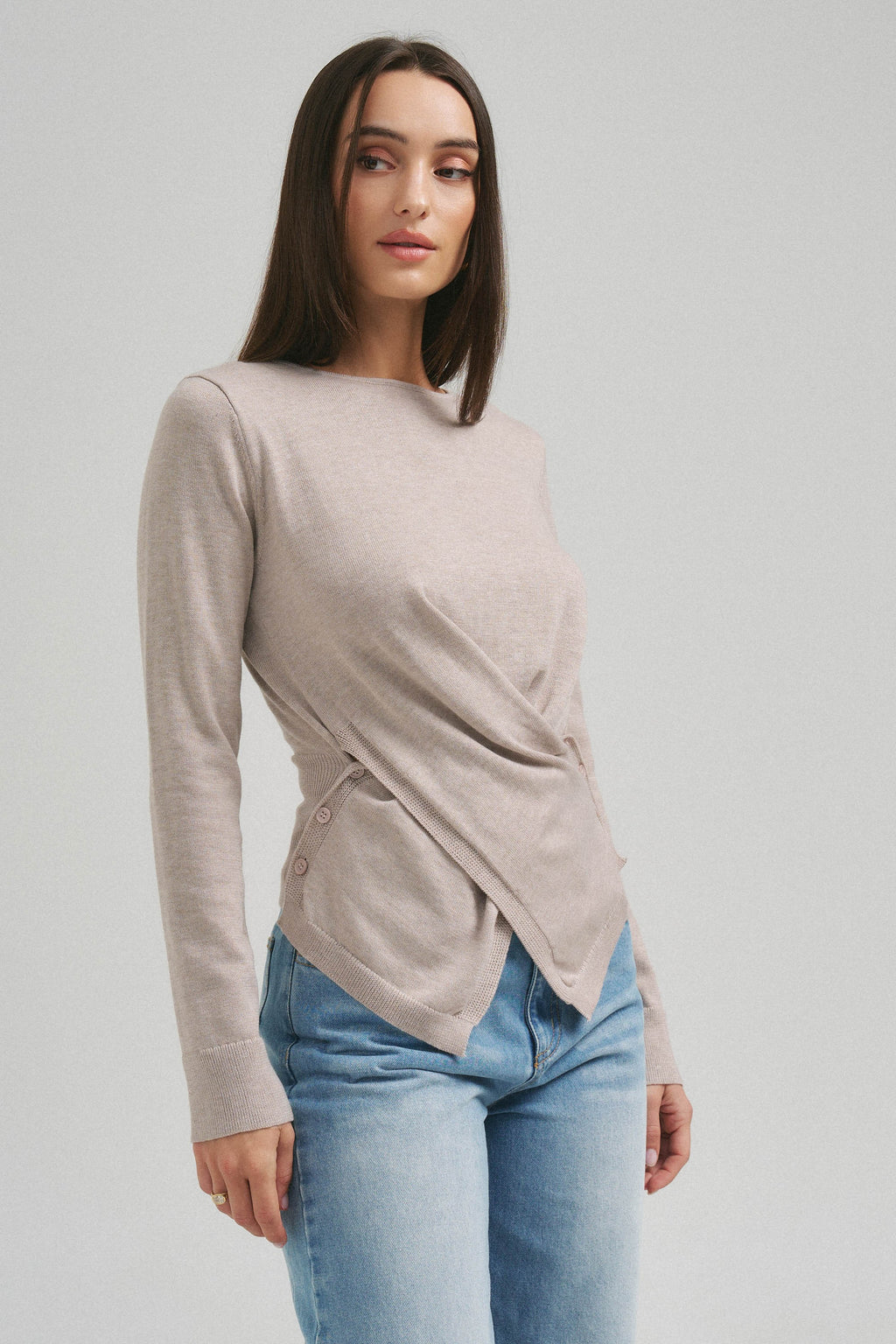 Long Sleeve Asymmetrical Wrap Knit Top Sand