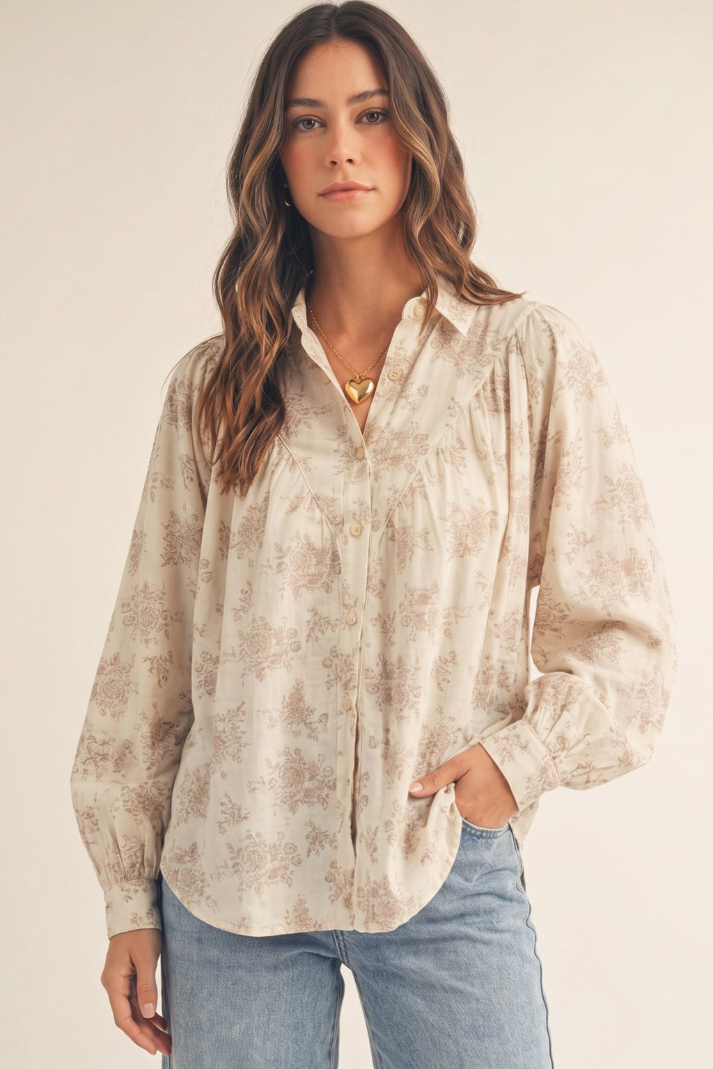 Long Sleeve Button Down Floral Print Top Oatmeal