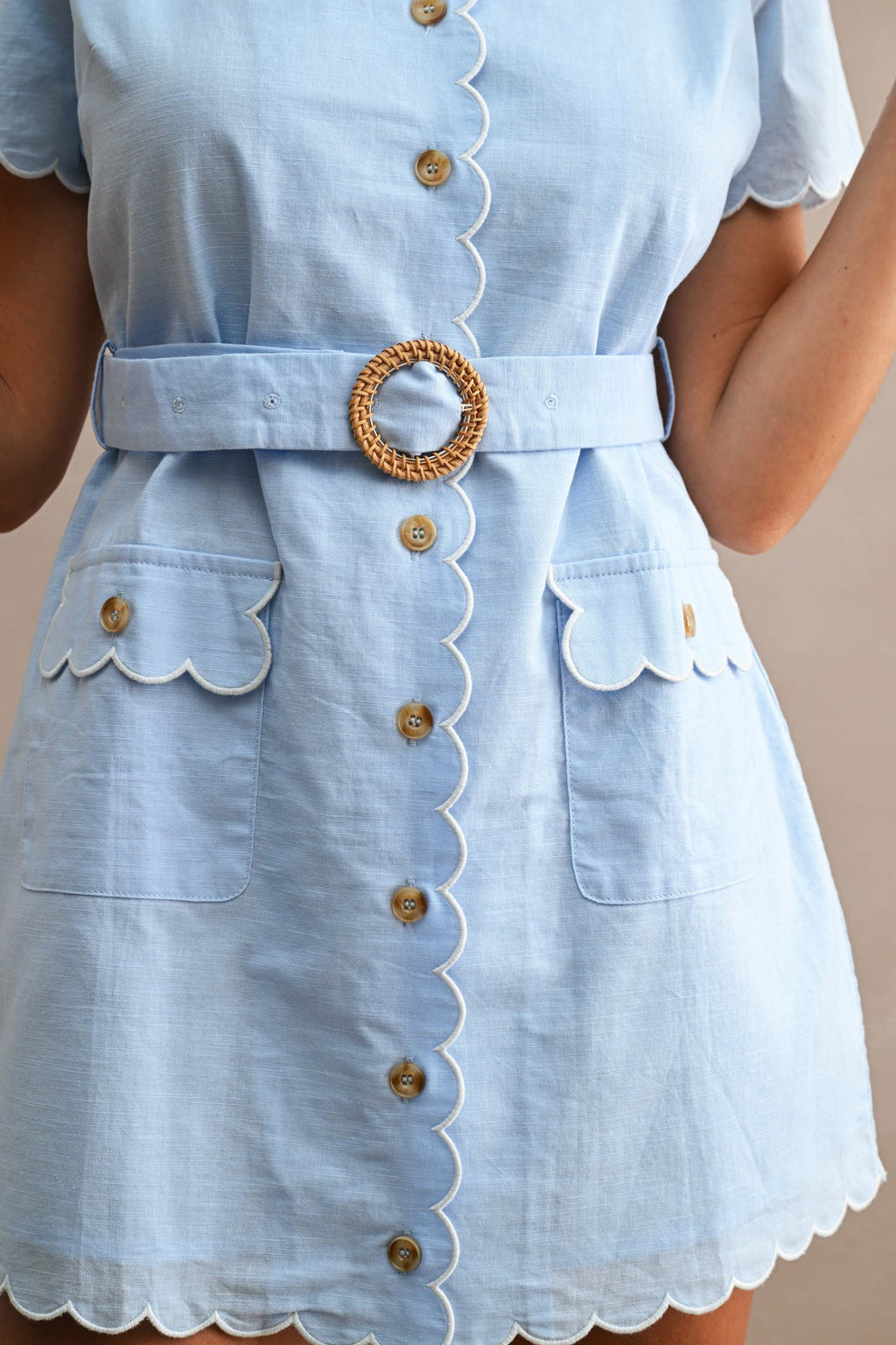 Short Sleeve Button Down Belted Mini Dress Blue