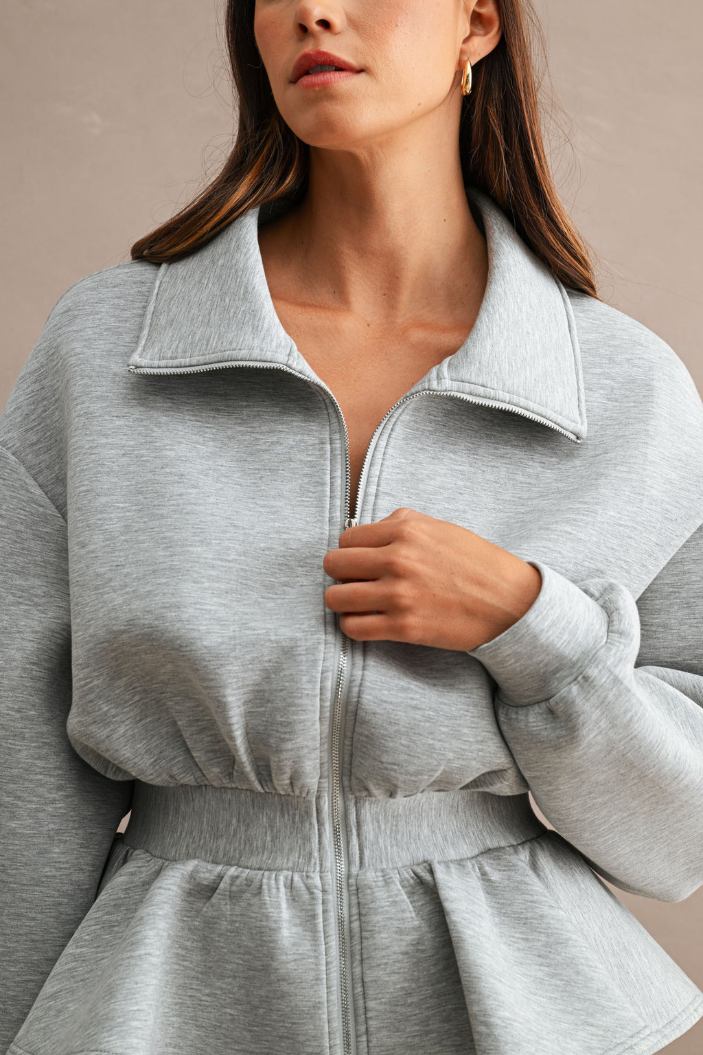 Long Sleeve Zip Up Peplum Jacket Grey