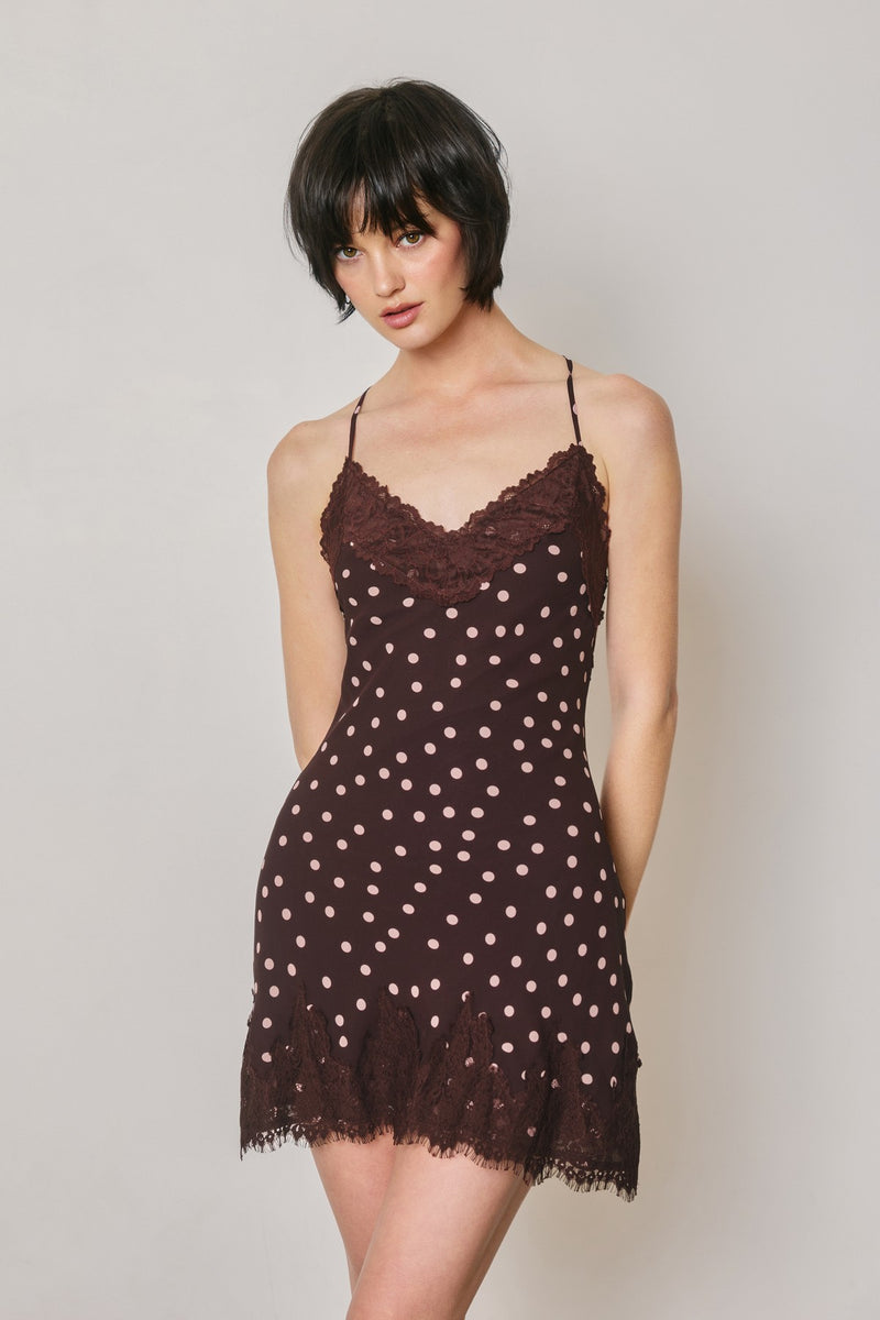 Waitlist 8/25 • Indigo Sleeveless Lace And Polka Dot Print Slip Mini D – Miss Match Group Inc