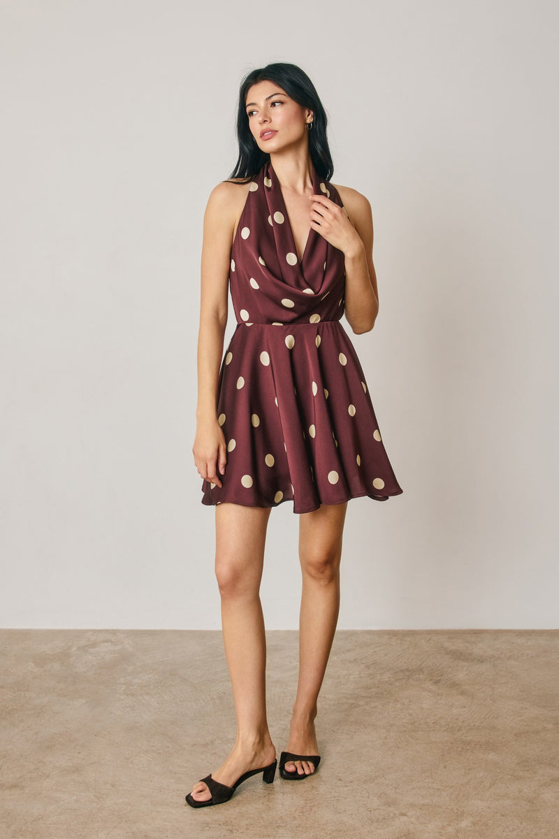plum dress mini Helen Sleeveless Halter Polka Dot Print MEDIUM limited runs in NYC Size:39½ (EU) / 6½ (US) / 5½ (UK) meta-size-chart-size-chart---pants Essentiel Antwerp Jaycee halterneck