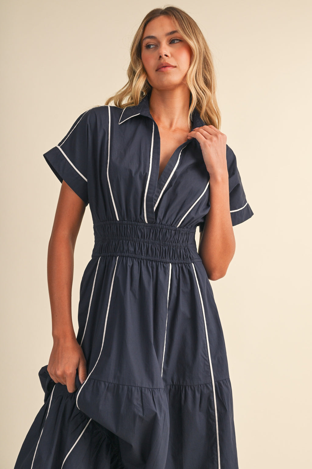 Short Sleeve Contrast Piping Maxi Dress Navy