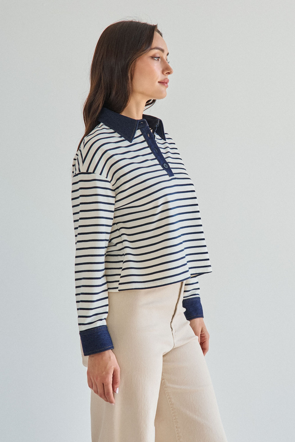 Long Sleeve Stripe Print Top Cream