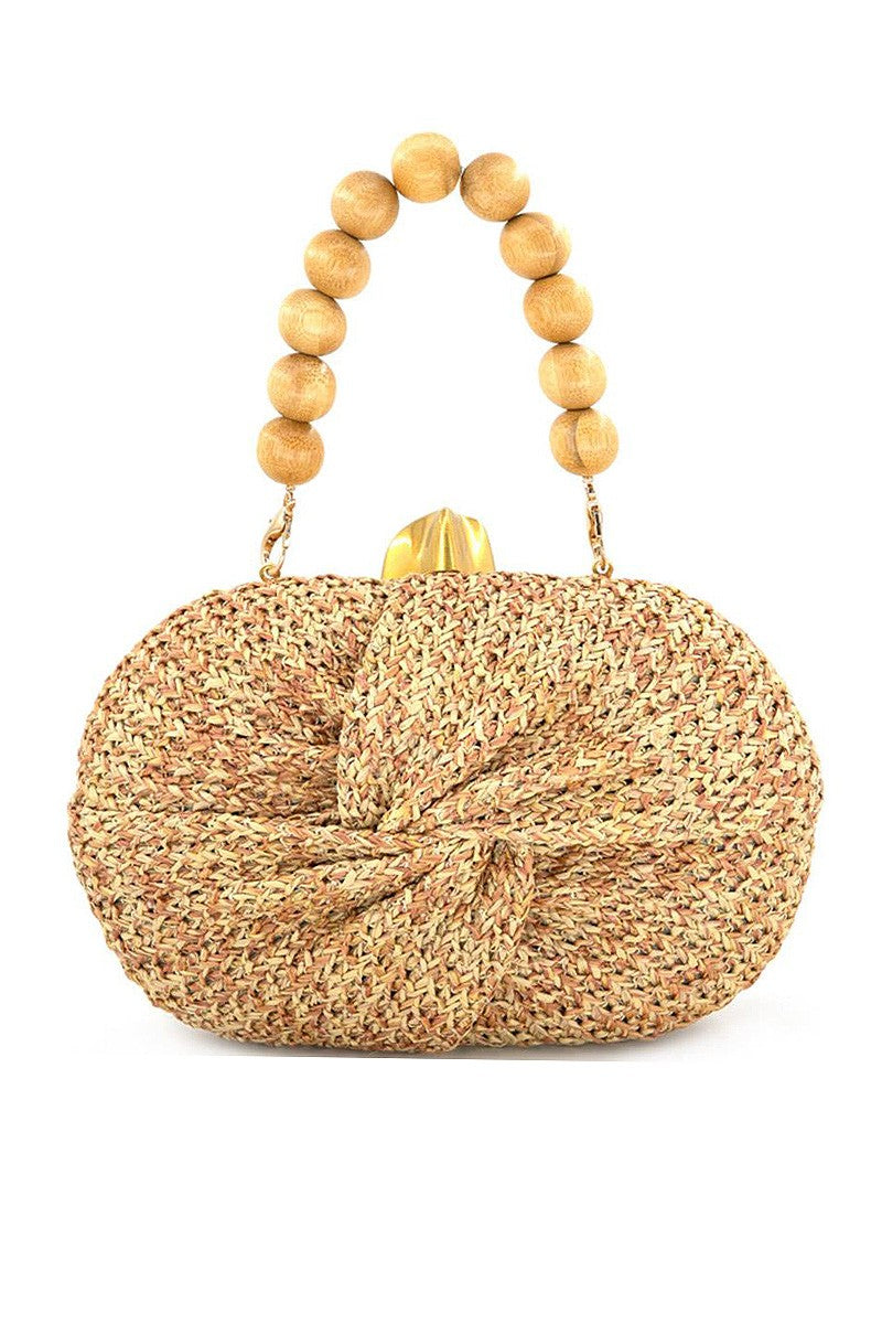 Wooden Bead Top Handle Knot Clutch Natural Brown
