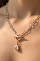 Chunky Double Layered Chain Toggle Pearl Teardrop Necklace Gold Silver