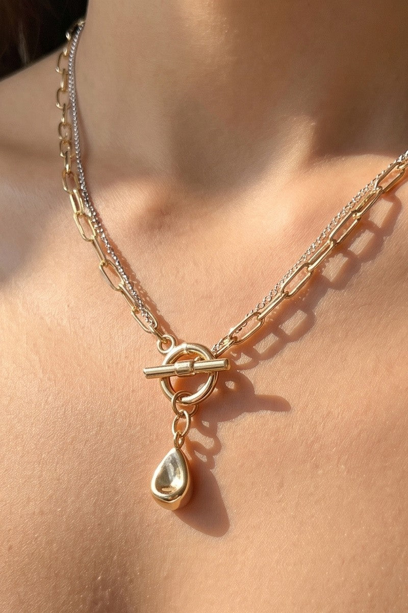 Chunky Double Layered Chain Toggle Pearl Teardrop Necklace Gold Silver
